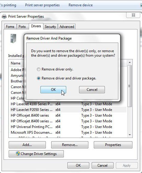 Remove the HP P2055dn driver and driver package