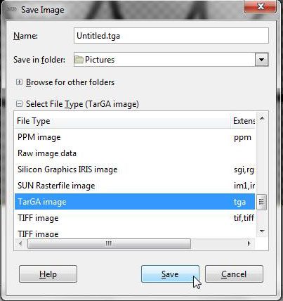 select TGA file type