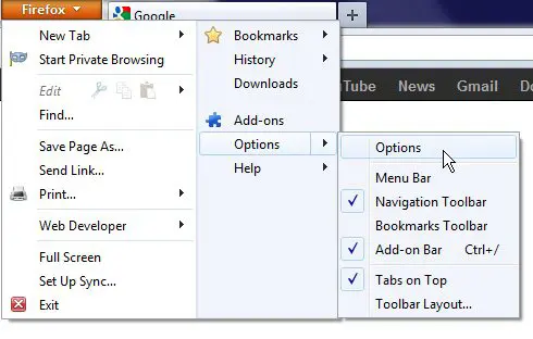 Firefox menu, Options, then Options again