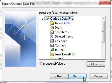 select everything for your backup outlook 2010 files