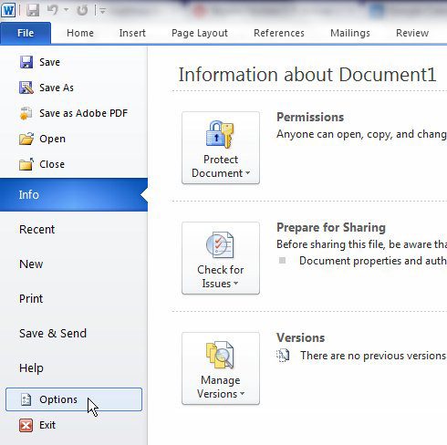 Click Options to clear recent documents
