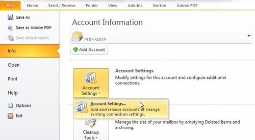 find the location of pst file on the account settings menu