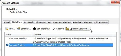 open the location of pst file from this menu