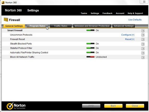 the firewall menu contains options to configure norton 360 firewall settings