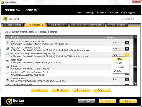 specify the norton 360 firewall settings for each individual installed program