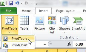 pivot table menu