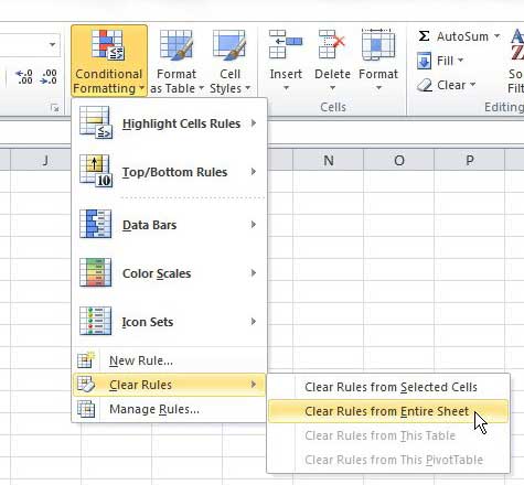 clear rules from entire sheet command in excel 2010