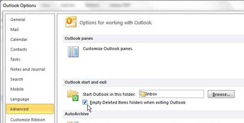 how to empty outlook 2010 deleted items on exit automatically