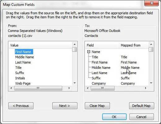 map custom fields when importing excel list to outlook