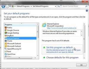 how to set Internet Explorer as the default browser in Windows 7