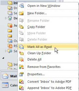mark all messages as read in outlook 2010