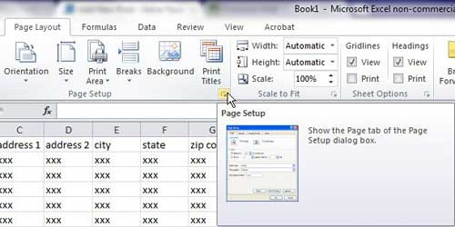 open the page setup window to repeat rows in excel 2010
