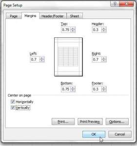 how to center worksheet horizontally and vertically in excel 2010