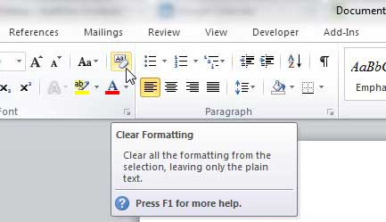 click the clear formatting button in word 2010