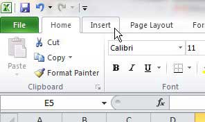 the Excel 2010 insert tab