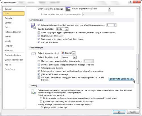 how to clear the AutoComplete list in Outlook 2010