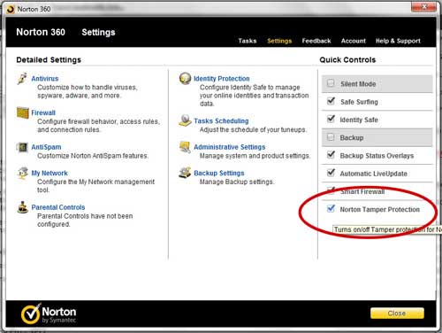 disable Norton 360 tamper protection