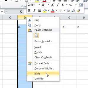 how to hide columns in Excel 2010
