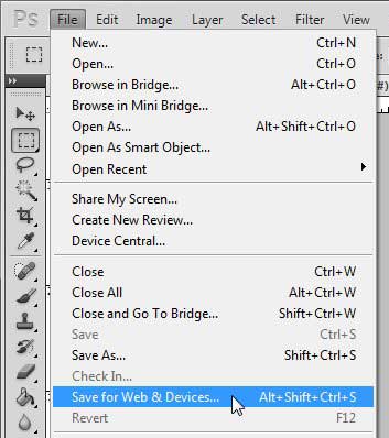 access the save for web and devices menu in photoshop