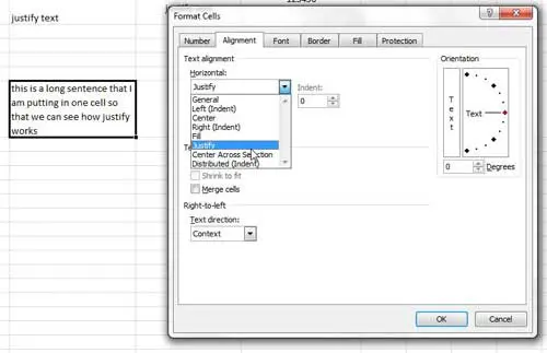 how to justify text in an excel cell