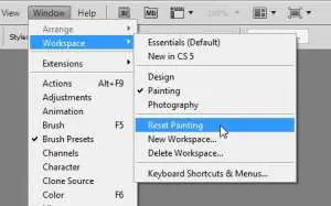 how to reset a workspace panel layout in photoshop cs5