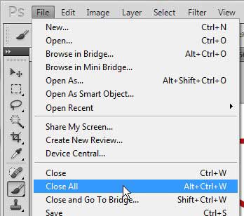 the photoshop cs5 close all command