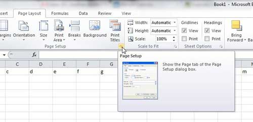 alternative way to open page setup menu in excel 2010