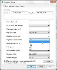 change the windows 7 negative number format