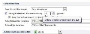 increase autorecover frequency in excel 2010