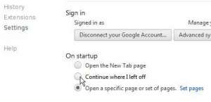 configure google chrome to open where you left off
