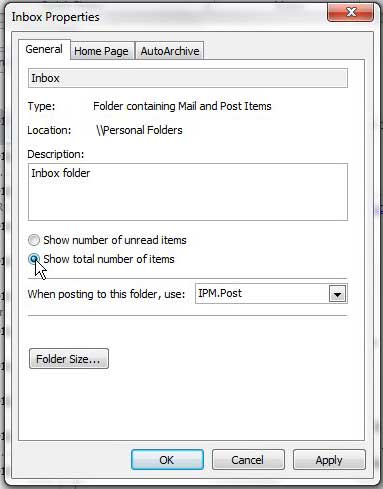 how to show the total number of items in outlook 2010 folder