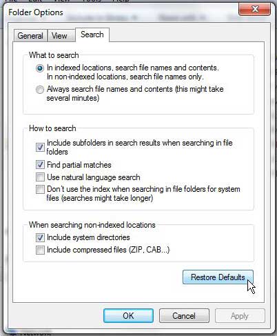how to restore default search options in windows 7