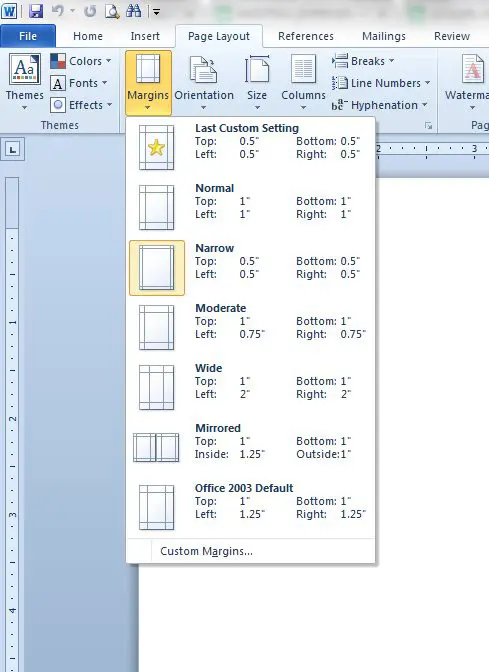 how to change page margins in word 2010