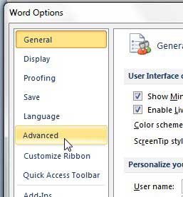 advanced tab on word 2010 options menu