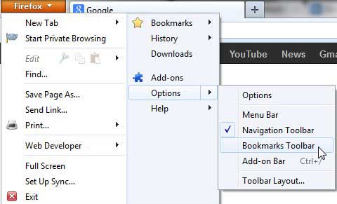 how to restore the bookmarks toolbar in firefox
