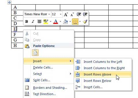 how to insert a row in a table in word 2010