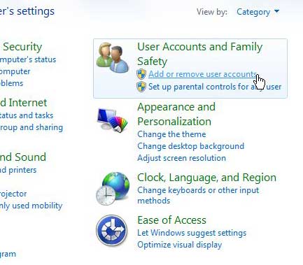 Click the User Accounts and Family Safety link