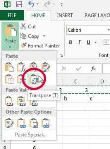 select the transpose option from the paste menu