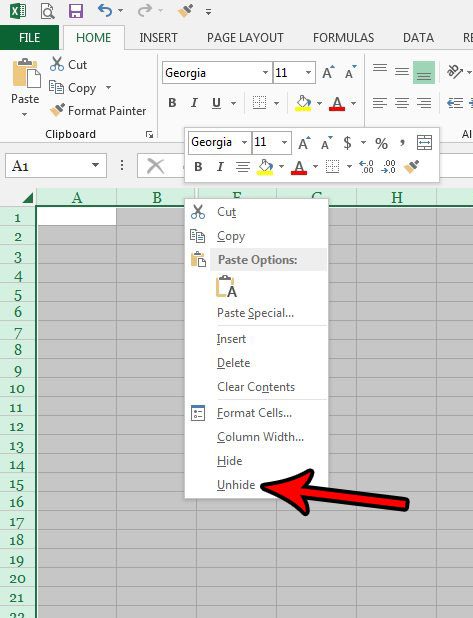 right-click a selected column letter, then click Unhide