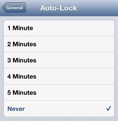 Tap the Never option to disable Auto-Lock