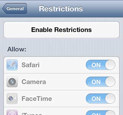 touch the enable restrictions button