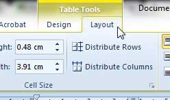 the table tools tabs