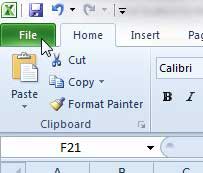 open the excel 2010 file tab