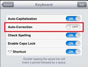 turn off the auto correction feature on the ipad 2