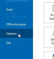 click options to open the outlook options window