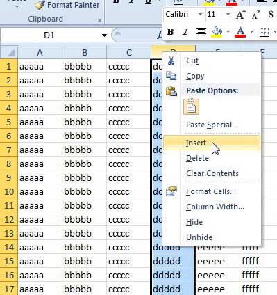how to insert a column in excel 2010