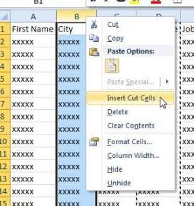 how to move a column in Excel 2010