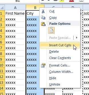how to move a column in Excel 2010