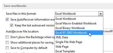 how to save as .xls by default in Excel 2013