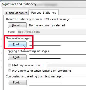 how to change the default font in outlook 2013